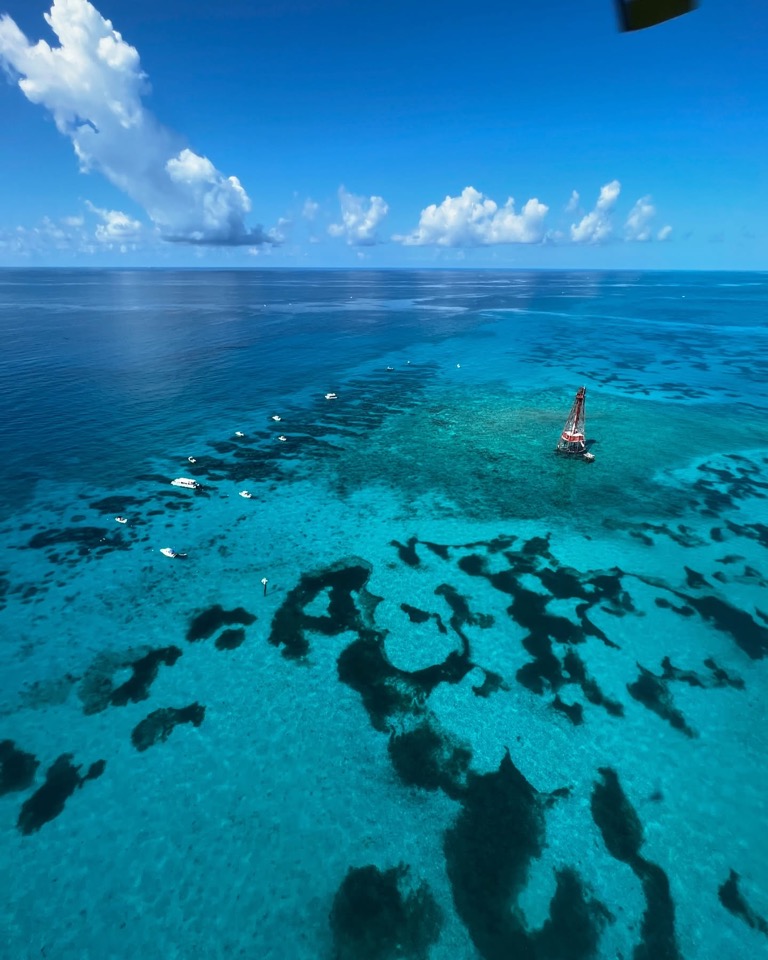 An aerial view of the reef lighthouse over electric-blue coral formations