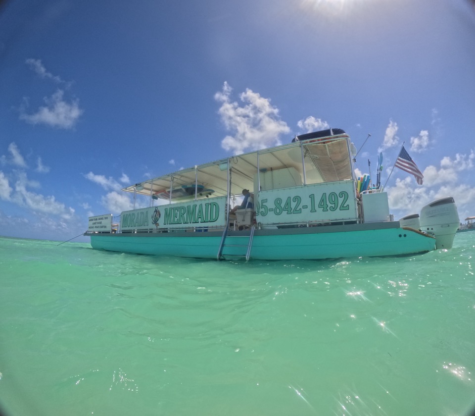 The Morada Mermaid catamaran on turquoise water in a wide-angle shot