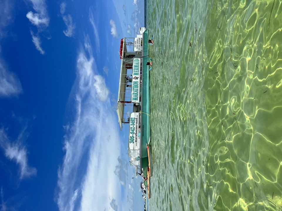 The Marathon Mermaid catamaran anchored over crystal-clear shallow water