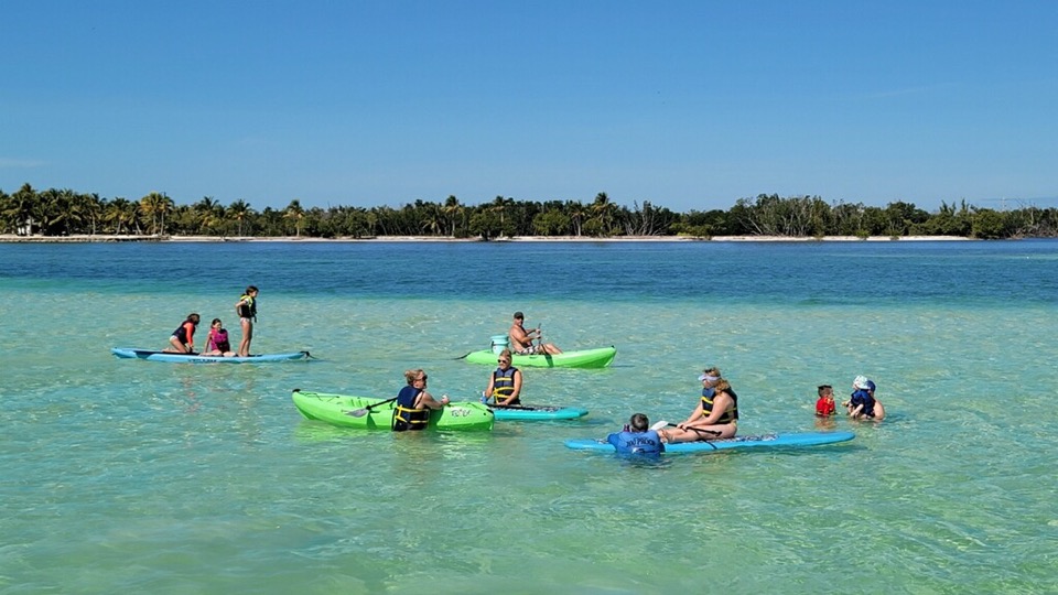 Guests kayaking across bright turquoise sandbar water beside a mangrove island