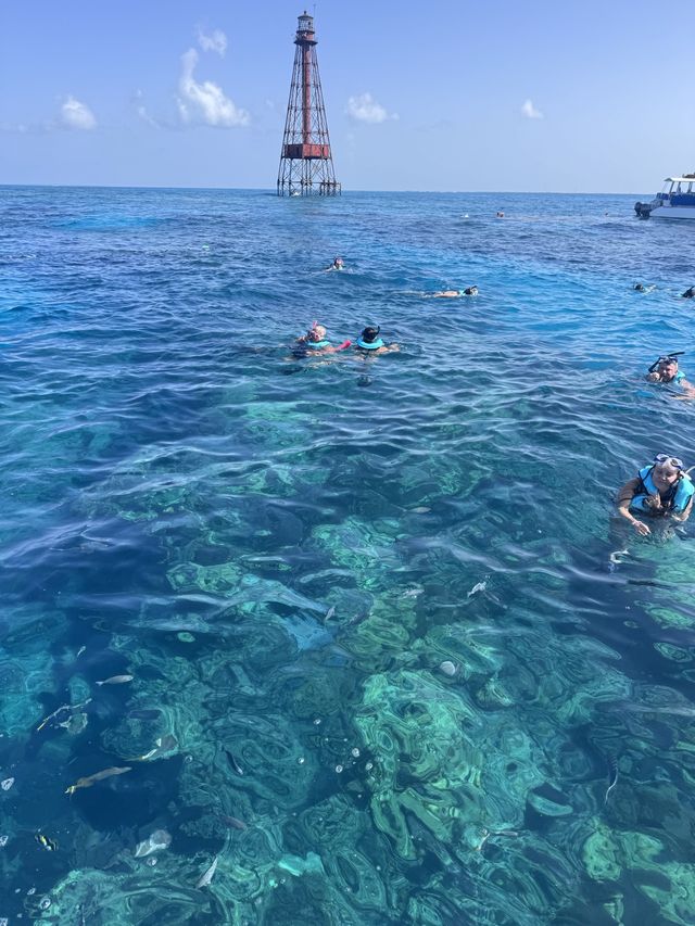 Snorkelers floating over a vibrant coral reef with the Sombrero Reef lighthouse behind them