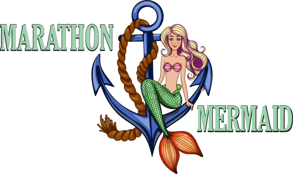 Mermaid with long hair sitting on an anchor, text 'Marathon Mermaid' on sides.